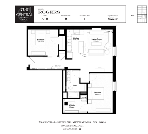 Floor plan for 2 beds, 1 bath, 855 sqft